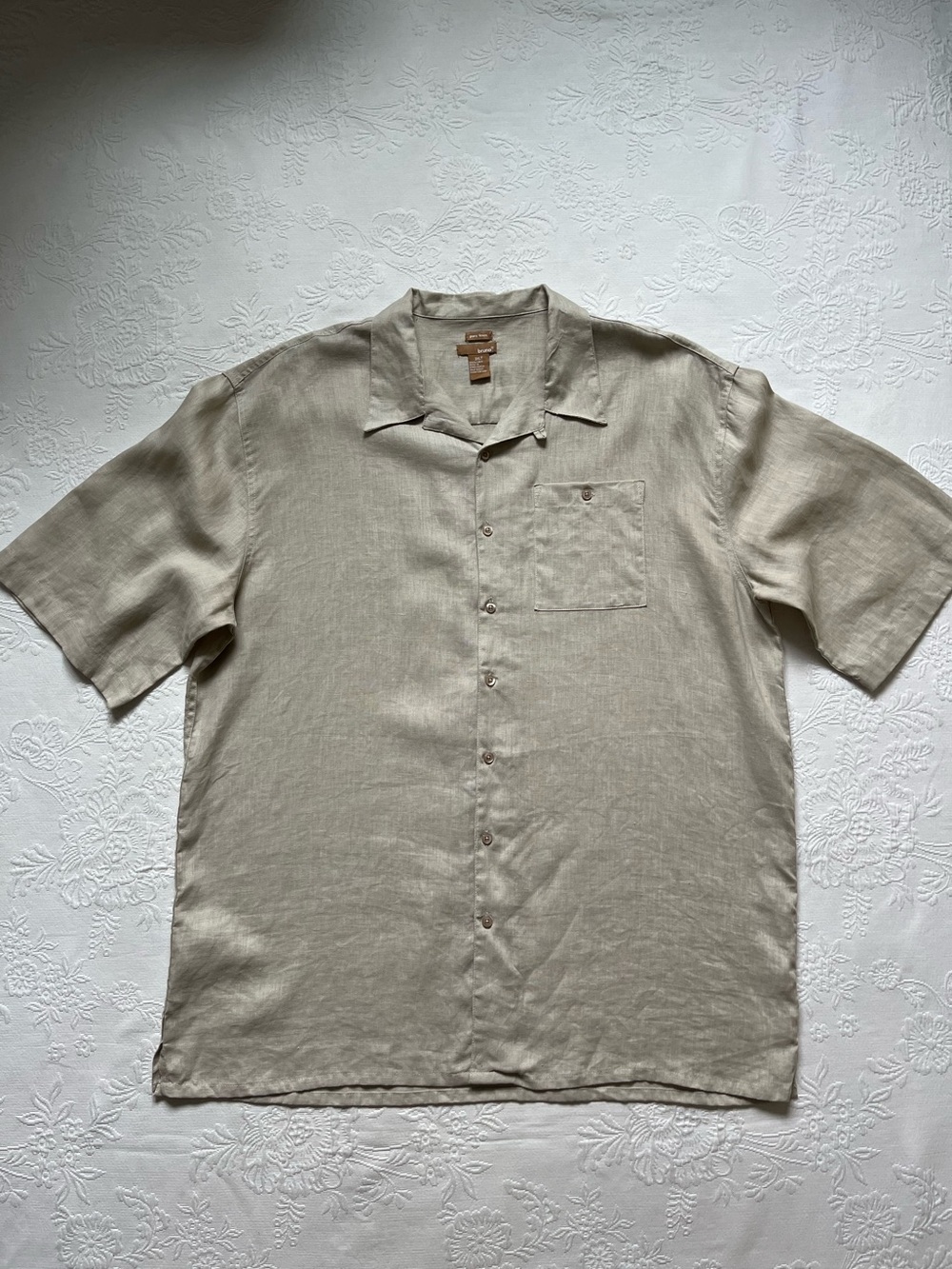 Bruno Pure Linen Men’s Tan Button Up Collared Short Sleeve Shirt Size 3XLT Tall